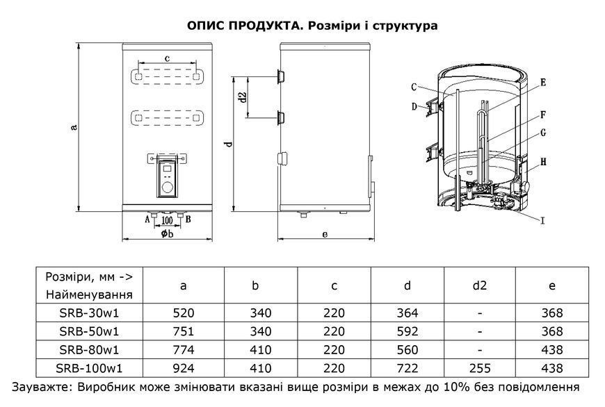 Бойлер Swan SRB-50W1 круглий з сухим ТЕНом 50л 2кВт slim SRB-50w1 фото