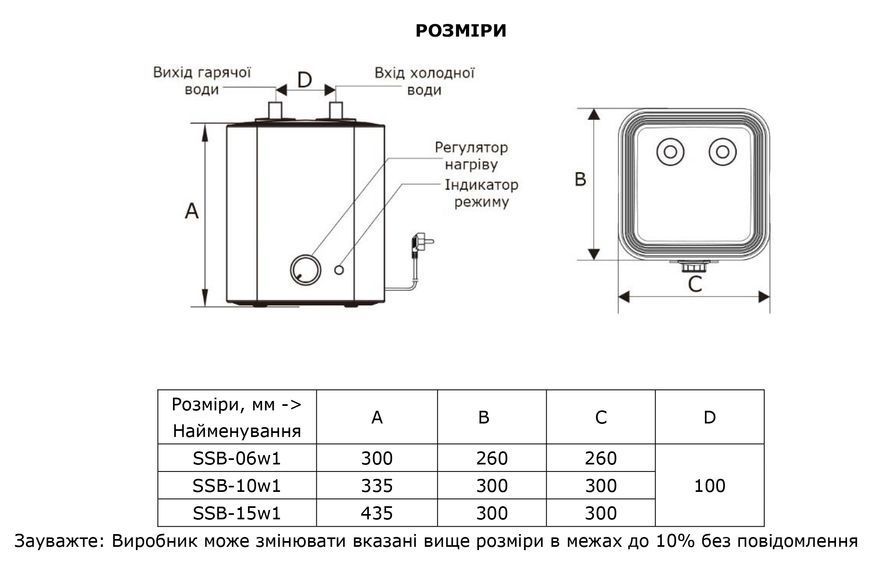 Бойлер Swan SSB-10w1 10л з сухим ТЕНом 2кВт куб SSB-10w1 фото